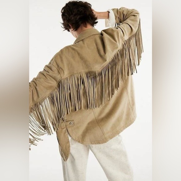 Free People Fringe Out Vegan Suede Jacket We The Free Pockets Smocked Green - Picture 3 of 6